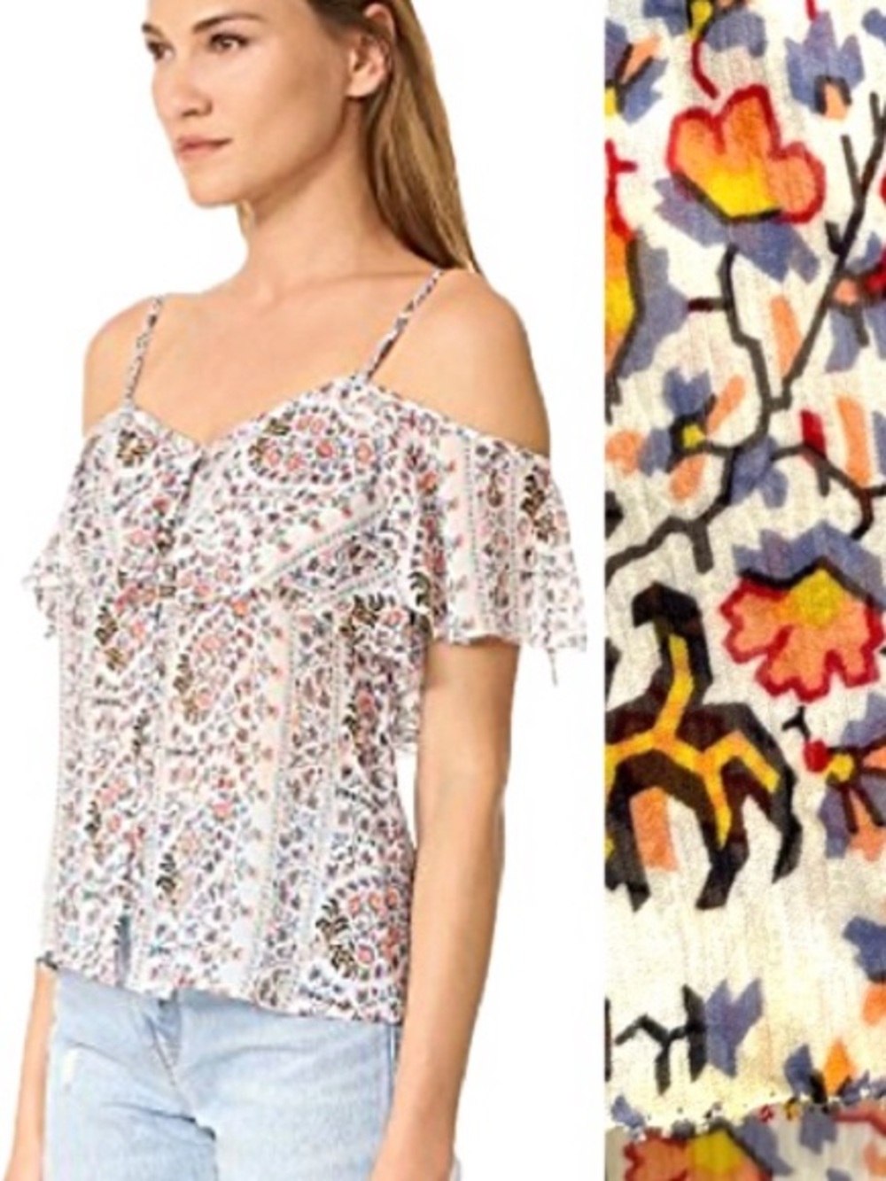 PAIGE 100% Silk Paisley Floral Top Womens XS Off Shoulder Ruffle Flutter Sleeve